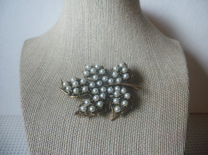 Larger, Vintage Brooch Pin, Maple Leaf, White Glass Pearls, Darkened Black, Gold Tone, 021921