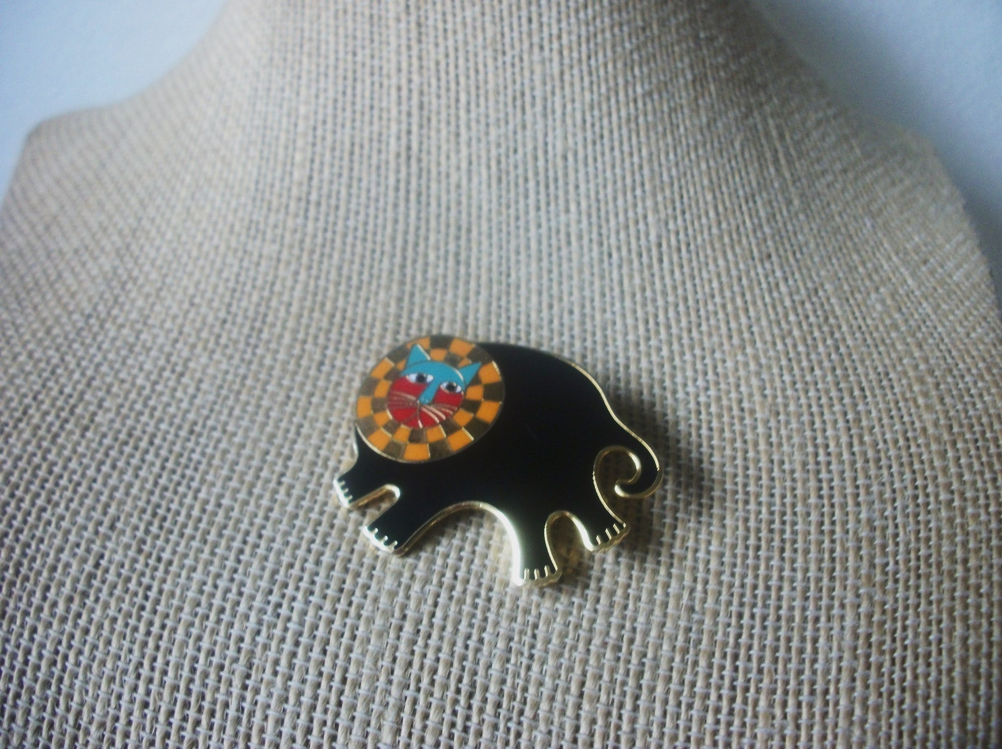 Vintage Brooch Pin, Signed Laurel Burch Bartholomew Black & Multi Color Enameled Cloisonne 30517