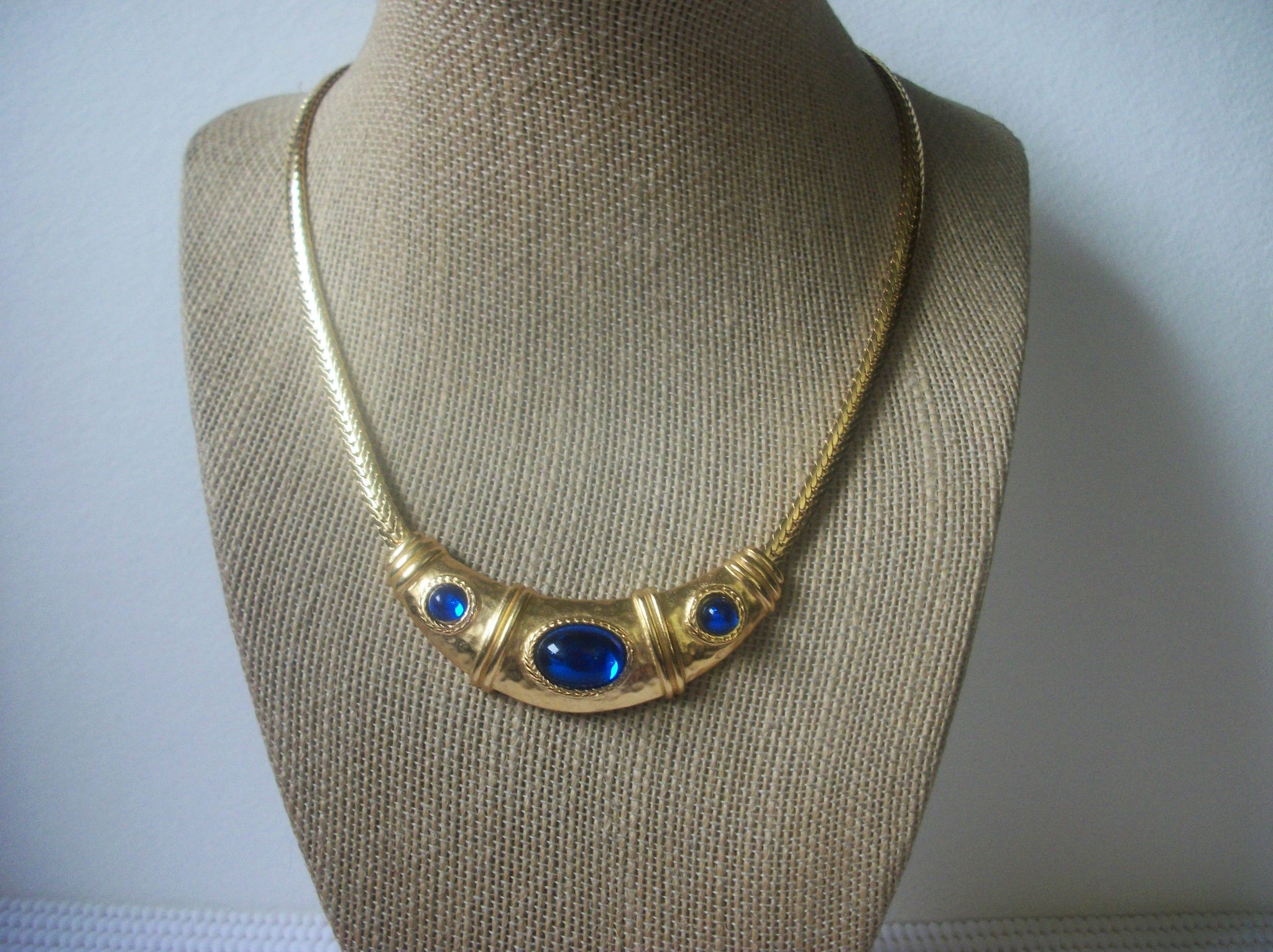 Vintage 16" Necklace Signed TRIFARI Gold Tone Azure Blue Inlays Panel Design 31017