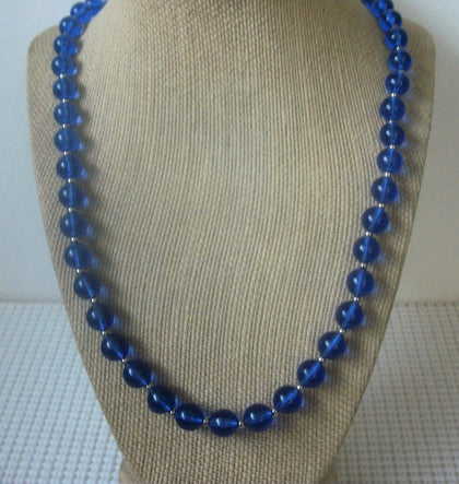Vintage 30" Signed MONET Vivid Blue Lucite Beads Silver Tone Spacers 030421