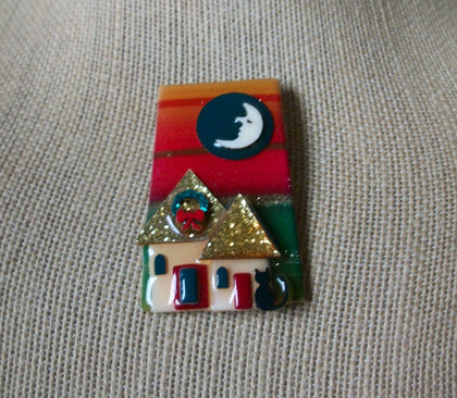 Vintage Lucinda House Pins, Glitter Christmas Black Cat Moon Wreath Festive Holidays 021321