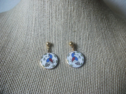 Dainty, Vintage Earrings, Signed, Paradise Bird, White Blue Red, Green, Gold Tone, Pierced Ears 90517