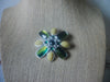 Vintage Brooch Pin, Yellow Green Acrylic Inlays Floral Burst Silver Tone 121516