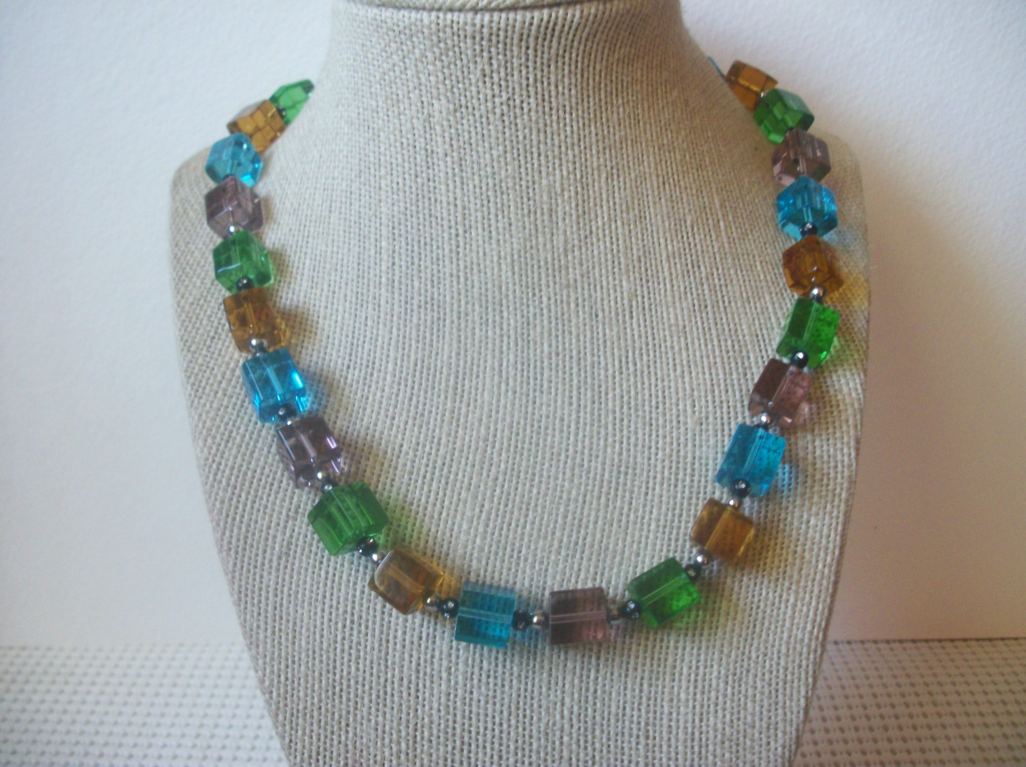 Vintage Jewelry, 18" Long, Colorful Crystal Glass, Hematite Silver Spacers, Necklace 72517
