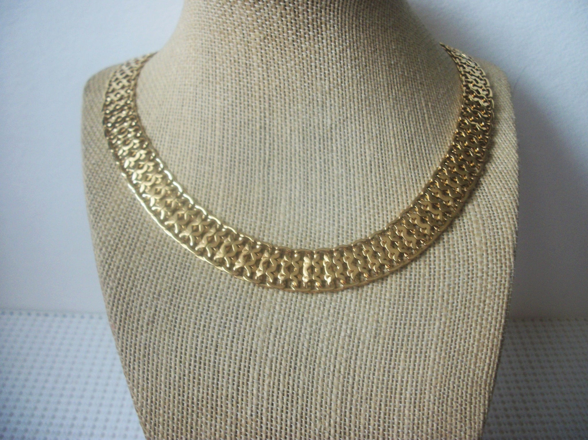 Vintage 16" Necklace Collar Choker, Signed MONET Gold Tone Link Panel Cleopatra Inspired Metal 72517