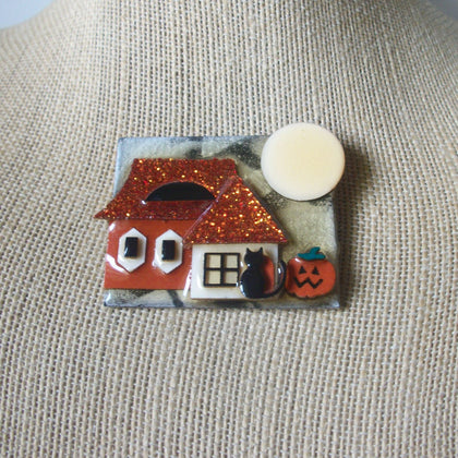 Highly Detailed Lucinda House Pins, Halloween Glittery Moon Pumpkin Little Cat 61318
