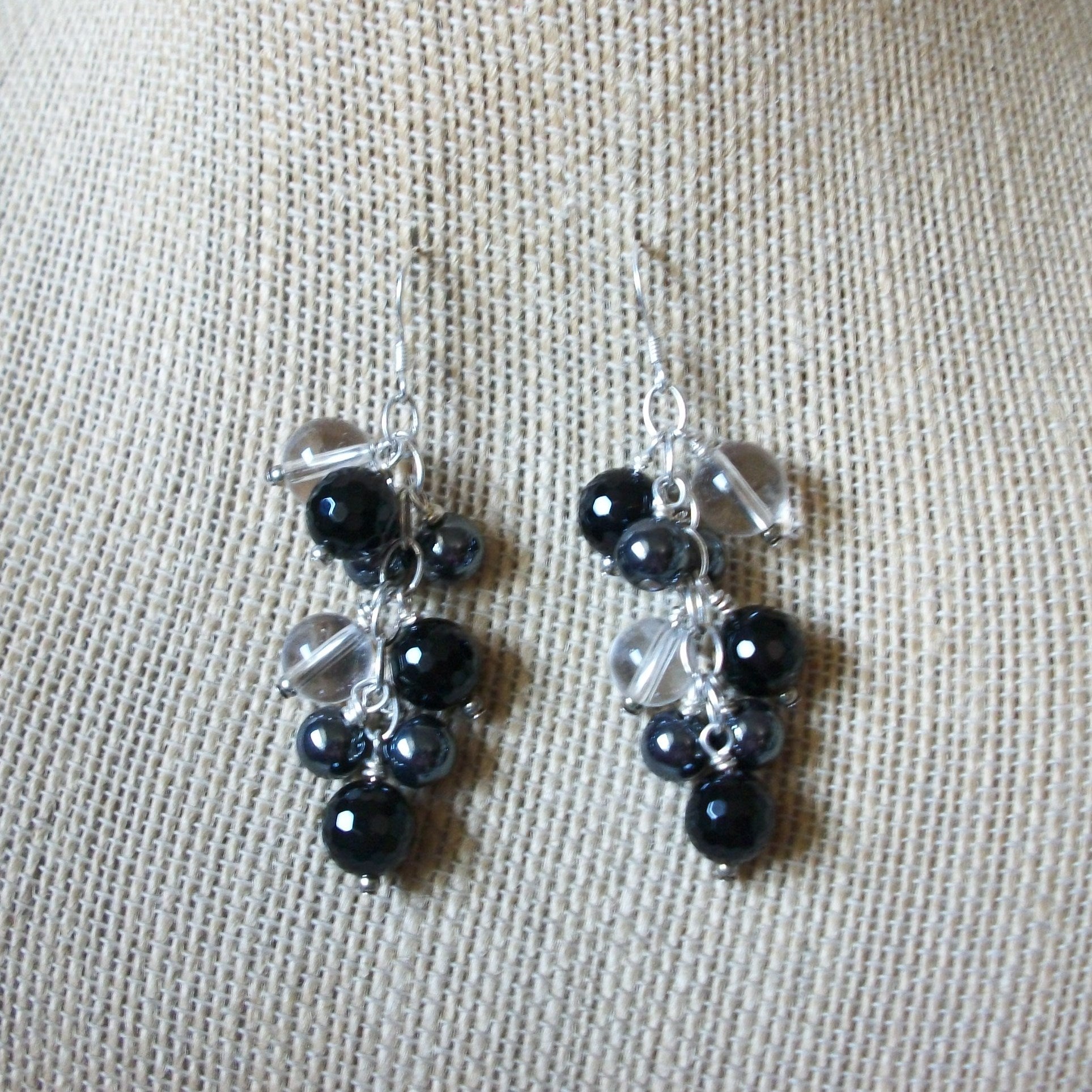 Vintage Pierced Earrings Silver Toned Clear Black Glass Hematite Beaded Clusters 51016