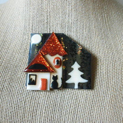 RARE Hard to Find Lucinda Halloween House Pins, Glitter Scary Night Little Cat Watching 61318