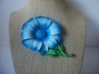 Large Vintage Jewelry, Gorgeous Signed HEDY Blue Flower Green Enameled Metal Brooch Pin 80917