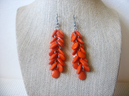 Long, Vintage Earrings, Orange Old Plastic, Silver Tone, Pierced Ears, 70217