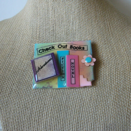 Vintage Lucinda Book Pins, Colorful Check Out Books Liberian 43017