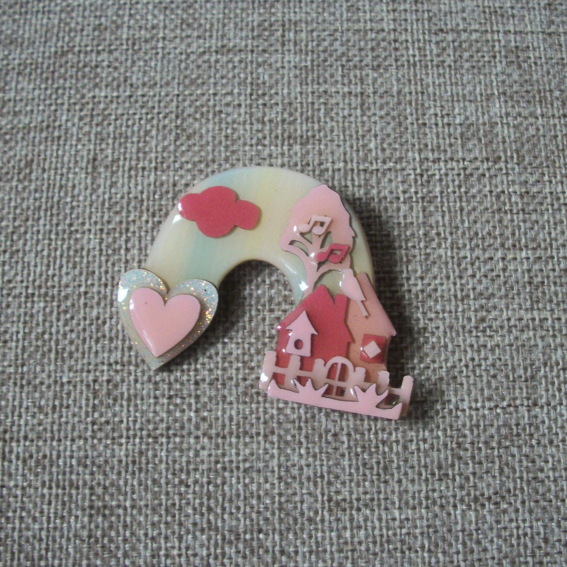 RARE Lucinda Pins Rainbow Sky Glitter Heart Cloud Bird House Tree Pastels
