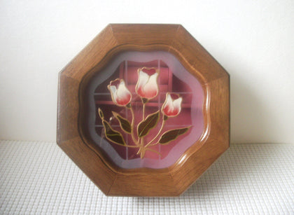 Vintage Victorian Stenciled Glass Tulips Flowers Wood Jewelry Box