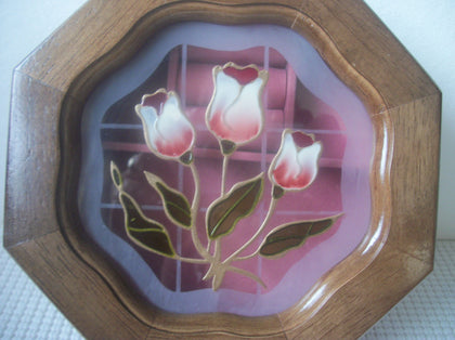 Vintage Victorian Stenciled Glass Tulips Flowers Wood Jewelry Box