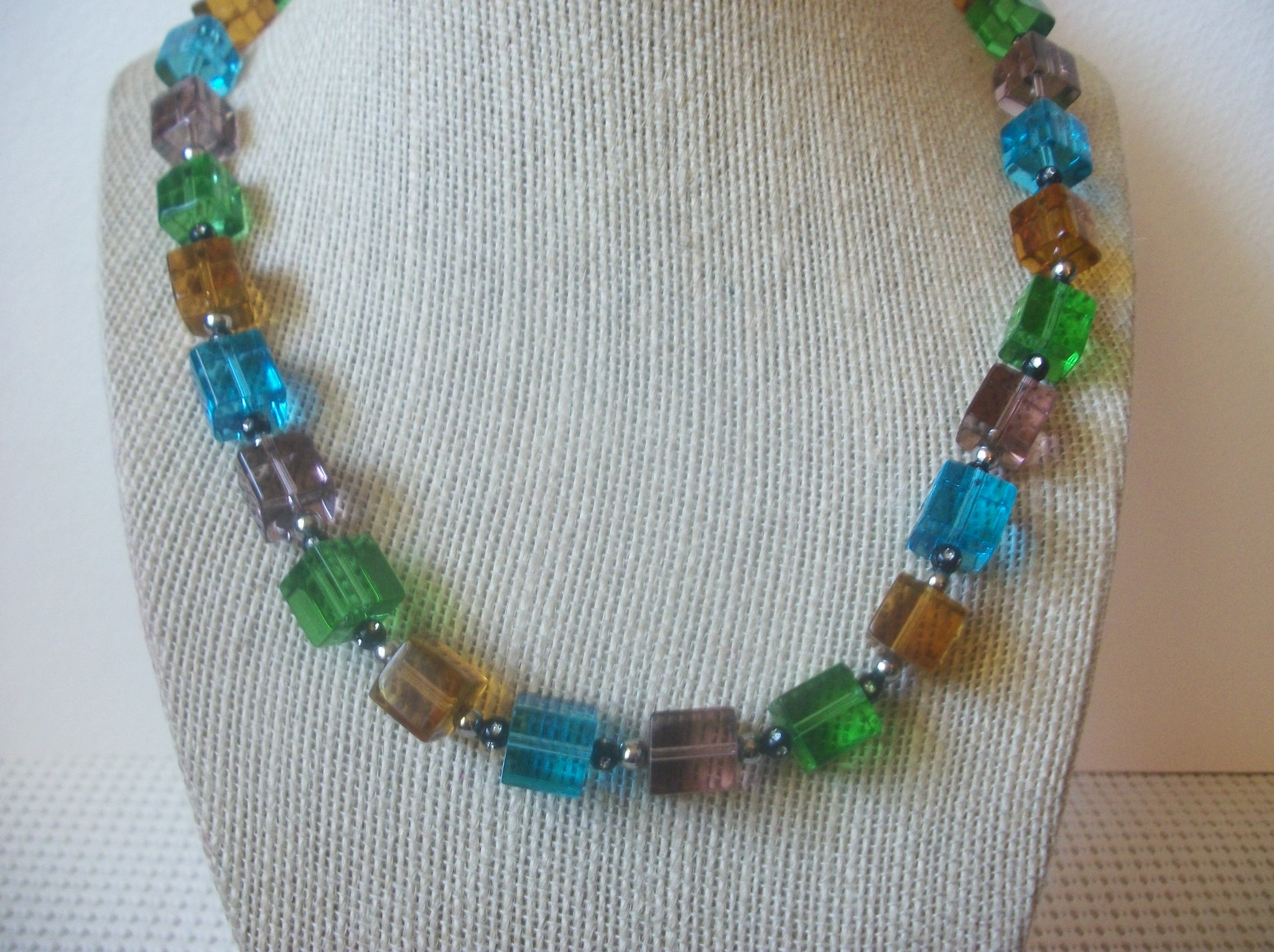 Vintage Jewelry, 18" Long, Colorful Crystal Glass, Hematite Silver Spacers, Necklace 72517