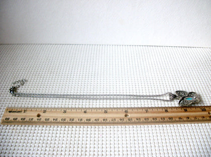 Vintage Necklace, 20" -  22" Long, Blue Rhinestones, Faux Stone, Butterfly Pendant, Silver Tone Chain, 91617