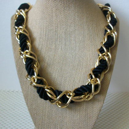 Signed LR Thicker Vintage 24" Necklace Gold Toned Links Black Rope Fabric 51016