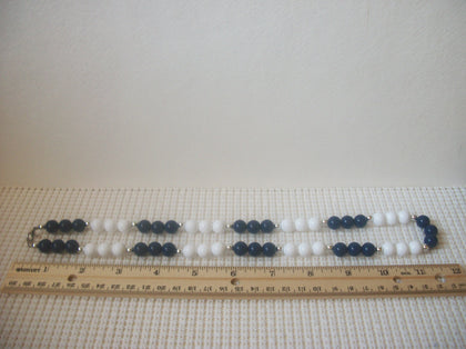 Retro 24" Necklace Pretty Dark Blue White Silver Acrylic Beads 030221