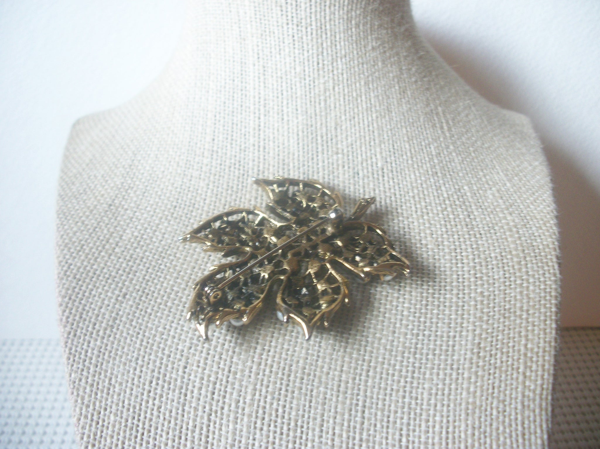 Larger, Vintage Brooch Pin, Maple Leaf, White Glass Pearls, Darkened Black, Gold Tone, 021921