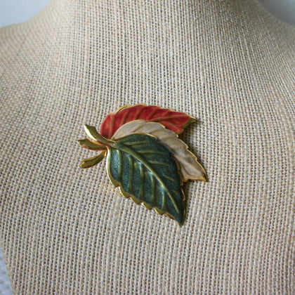 Vintage Brooch Pin Fall Maple Three Leaves Enameled Gold Tone 030621