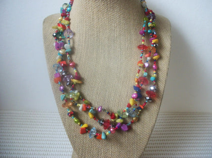 Vintage 16" - 20" Necklace Southwestern Colorful Glass Shell Chips Three Rows Multi Strand Layered 30717