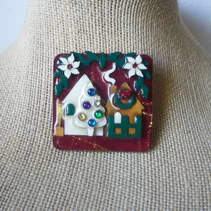 Highly Detailed Lucinda Christmas House Pins, Poinsettia Tree Wreath Glitter 61318