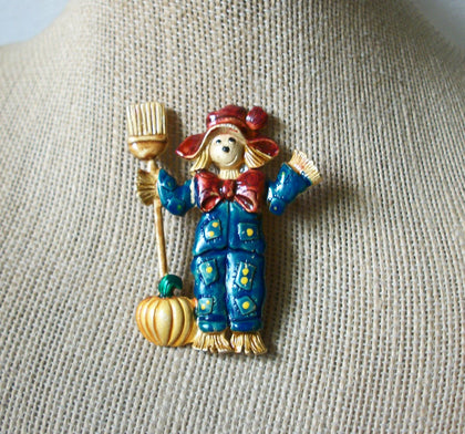 Vintage Signed TARA Girl Scarecrow Brooch Fall Harvest Pumpkin Brooch Pin 030521