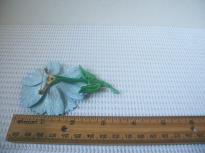 Large Vintage Jewelry, Gorgeous Signed HEDY Blue Flower Green Enameled Metal Brooch Pin 80917
