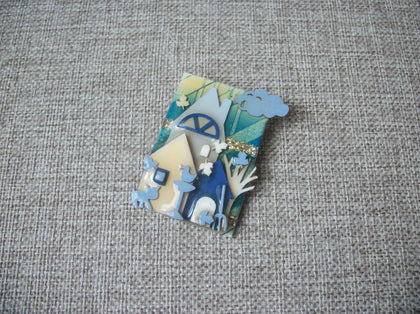 Lucinda House Pins Cat Leaves Wind Blowing Yard Work Bird Bath Tree Glitter