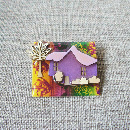 RARE Lucinda House Pins Fall Purple Lilac Cottage Flower Pots Tree Autumn Mood