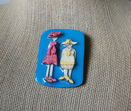 Vintage Lucinda Woman Pins, Pretty Ladies Best Friends Glitter Dresses, 021321