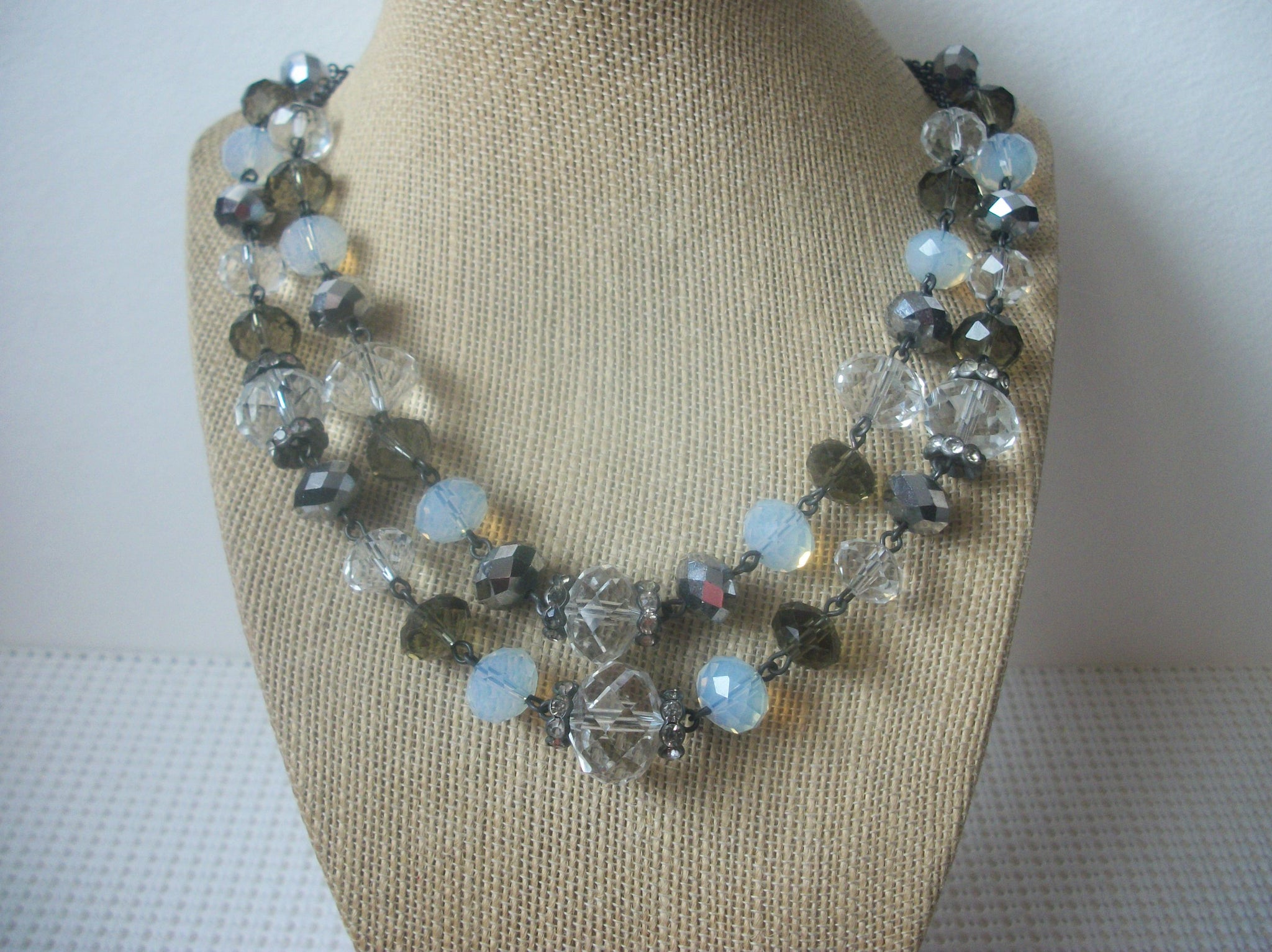 Vintage 16" - 18" Necklace, Signed TRIFARI CROWN, Crystal Glass Beads Layered Icy Tones 72517