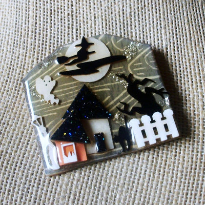 RARE Hard To Find Lucinda  Halloween House Pins Ghost Flying Witch Glittery  61318