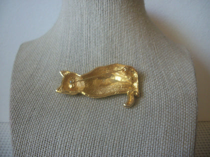 Larger Thicker, Vintage Brooch Pin, Kitty Cat, Green Eye, Rhinestones, Gold Tone 72517