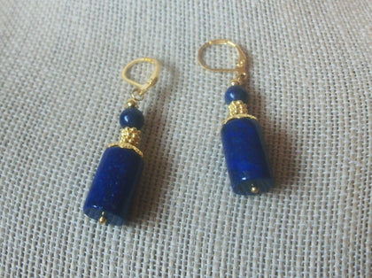 Lapis Earrings, Gold Tone Lever Back Very Dark Hint Of Black Lapis Lazuli Stones Dangle Earrings 63017