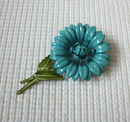 Romantic Larger Vintage Blue Flower Floral Green Long Stem Brooch Pin 030521