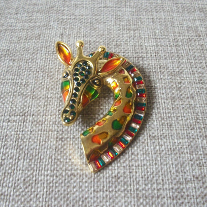 Larger Thick Vintage Giraffe Brooch Pin Colorful Crystal Inlays Enameled Gold Tone 10417