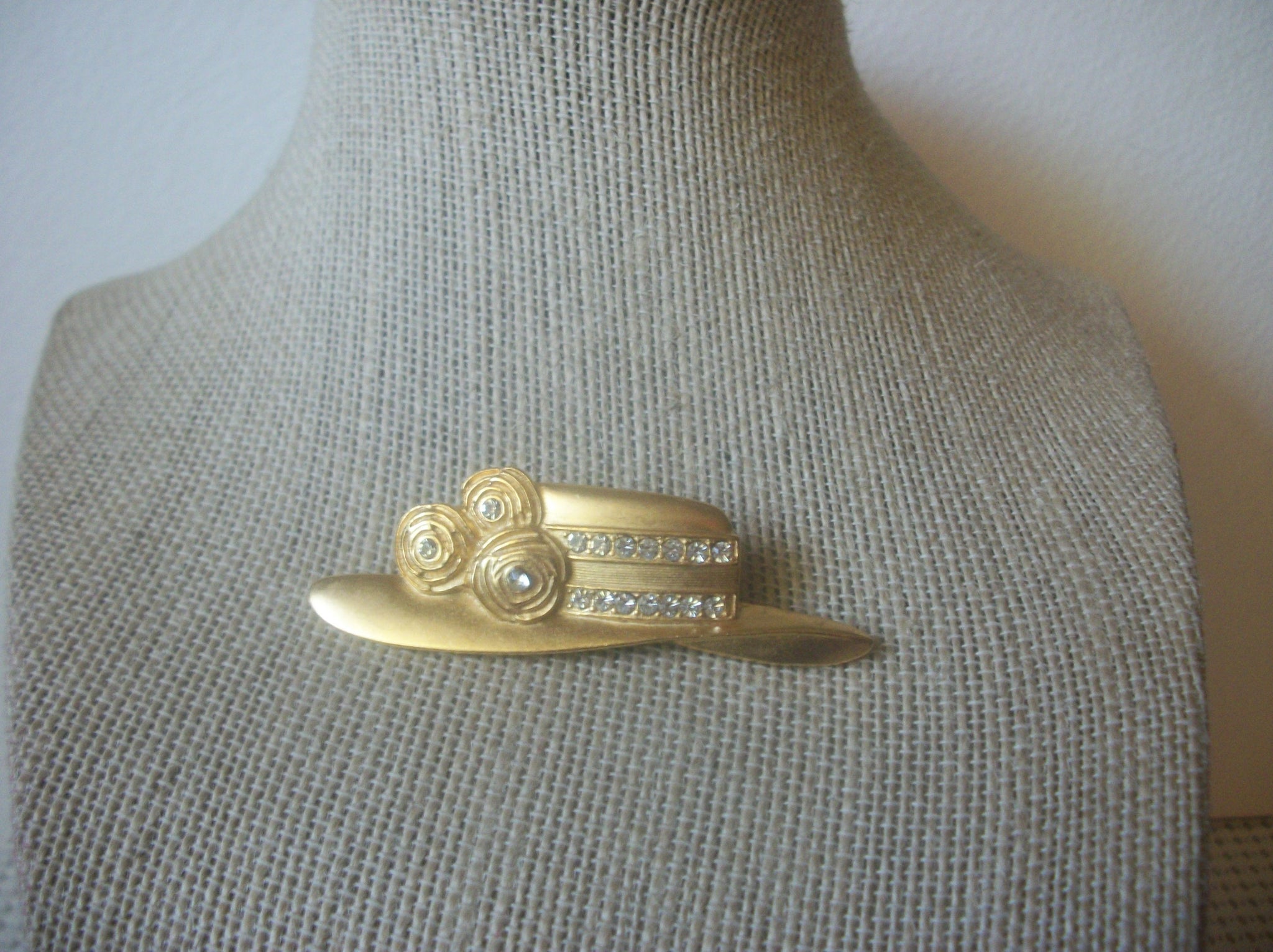 Vintage Brooch Pin, Signed JJ, Johnertte Company, Matte Gold, Stetson Hat, Clear Rhinestones, Metal, 022021