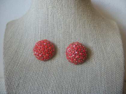 Vintage Earrings, Orange, Dome Cluster, Old Plastic, Gold Tone, Pierced Ears, 70217