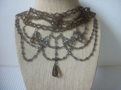 Vintage 24" Choker Necklace Beautiful Victorian Inspired Brown Bronze Seed Beads Faceted Tear Drop 10517