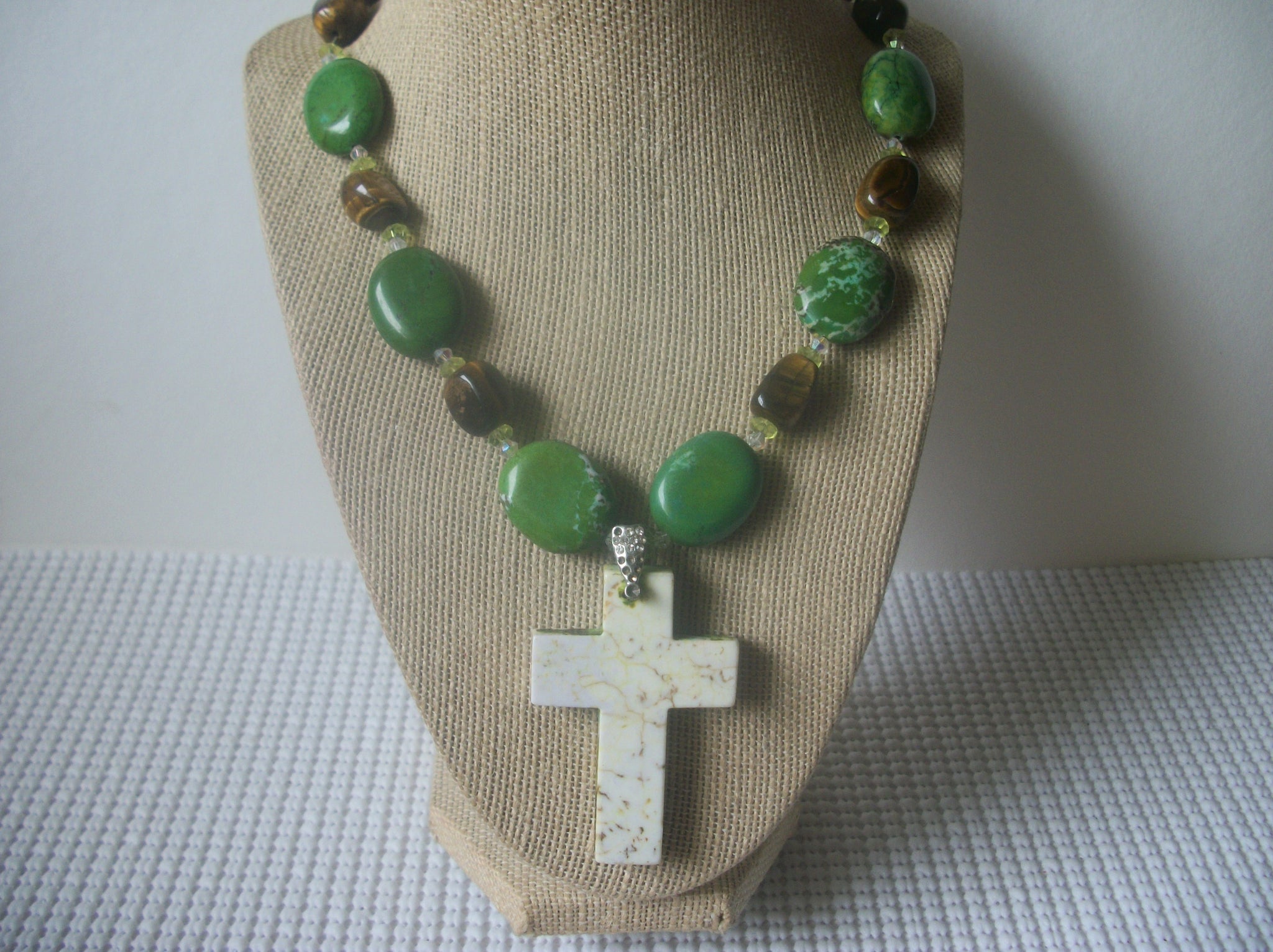 Heavier Pottery Beads, Howlite Moss Agate. Semi Precious Chunky Crucifix Pendant Necklace 20 1/2" Long 82016