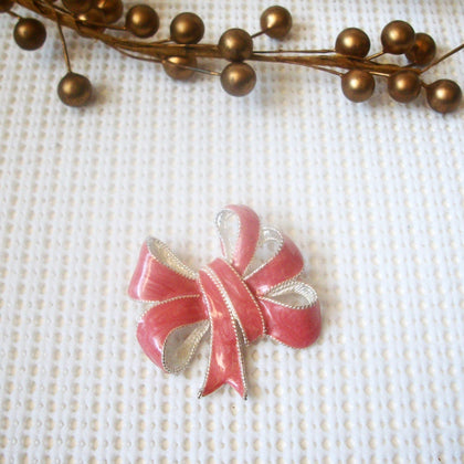 Signed TC Silver Toned Pink Enameled Ribbon 1 3/4" Long Vintage Brooch Pin 61717