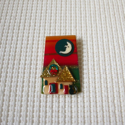 Vintage Lucinda House Pins, Glitter Christmas Black Cat Moon Wreath Festive Holidays 021321