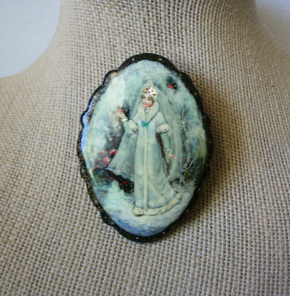 Vintage Brooch Pin, Snegurochka Snegurka Snow Maiden Hand Painted Wood 030521