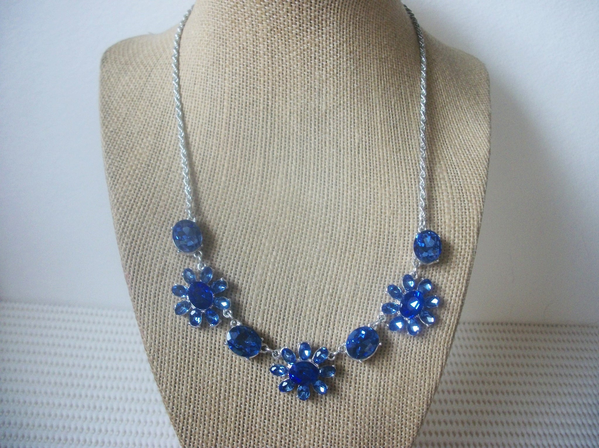 Vintage 16" - 18" Necklace, Signed M Royal Blue Crystal Glass Rhinestones, Silver Tone Adjustable, 42217