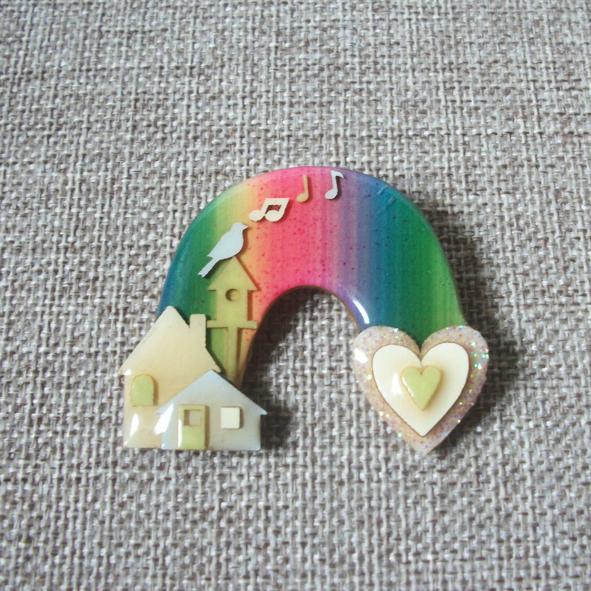 Vintage Lucinda House Pins, RARE Glitter Music Notes Bird House Rainbow 021321