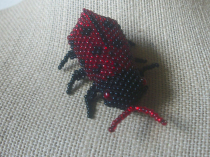 Thicker Larger, Vintage Brooch Pin, Ladybug, Hand Crafted, Red Black Micro, Glass Beads 022021