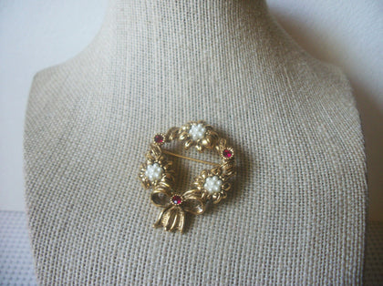 Vintage Brooch Pin, Signed AVON, Festive Wreath, Red Ruby Rhinestones, White Pearls, Gold Tone, 90517
