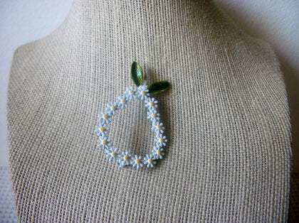 Vintage Jewelry, White Yellow, Enameled Daisy Flower, Pear Fruit, Gold Tone 90517