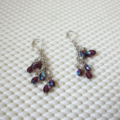 Vintage Pierced Earrings Silver Toned Iridescent Czech Glass Beaded Clusters 51016